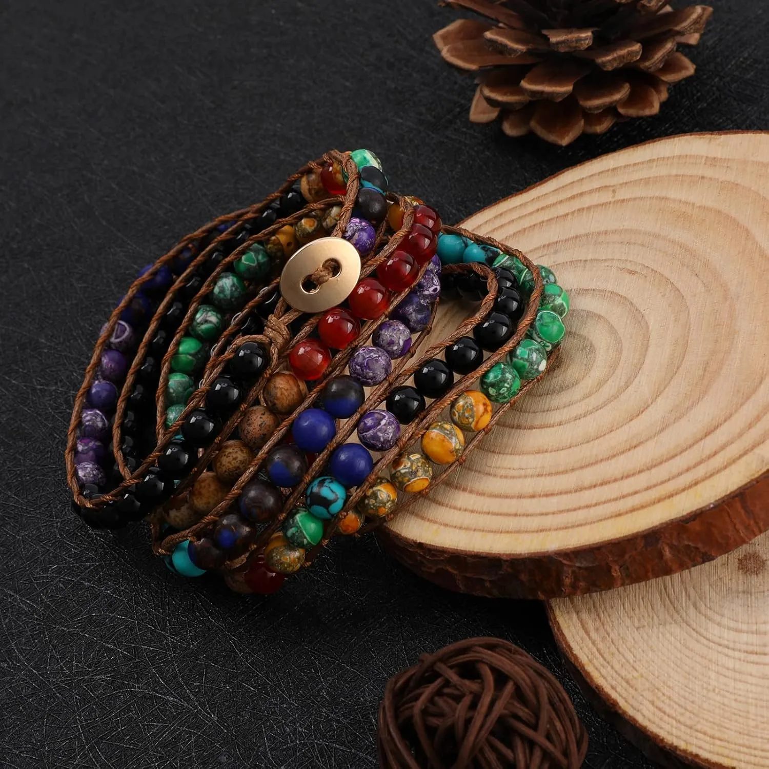 Miss Rabbit Boho Layered Leather Handmade Bracelet, Natural Stone Beaded 5 Wrap Bracelets for Women Blue Turquoise Beads Bohemian Bracelet Jewelry