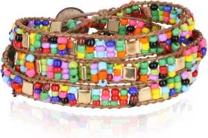 Miss Rabbit Boho Layered Leather Handmade Bracelet, Natural Stone Beaded 5 Wrap Bracelets for Women Blue Turquoise Beads Bohemian Bracelet Jewelry