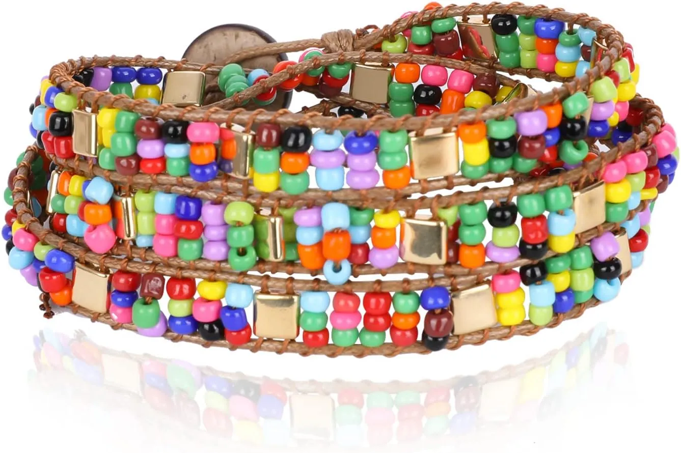 Miss Rabbit Boho Layered Leather Handmade Bracelet, Natural Stone Beaded 5 Wrap Bracelets for Women Blue Turquoise Beads Bohemian Bracelet Jewelry
