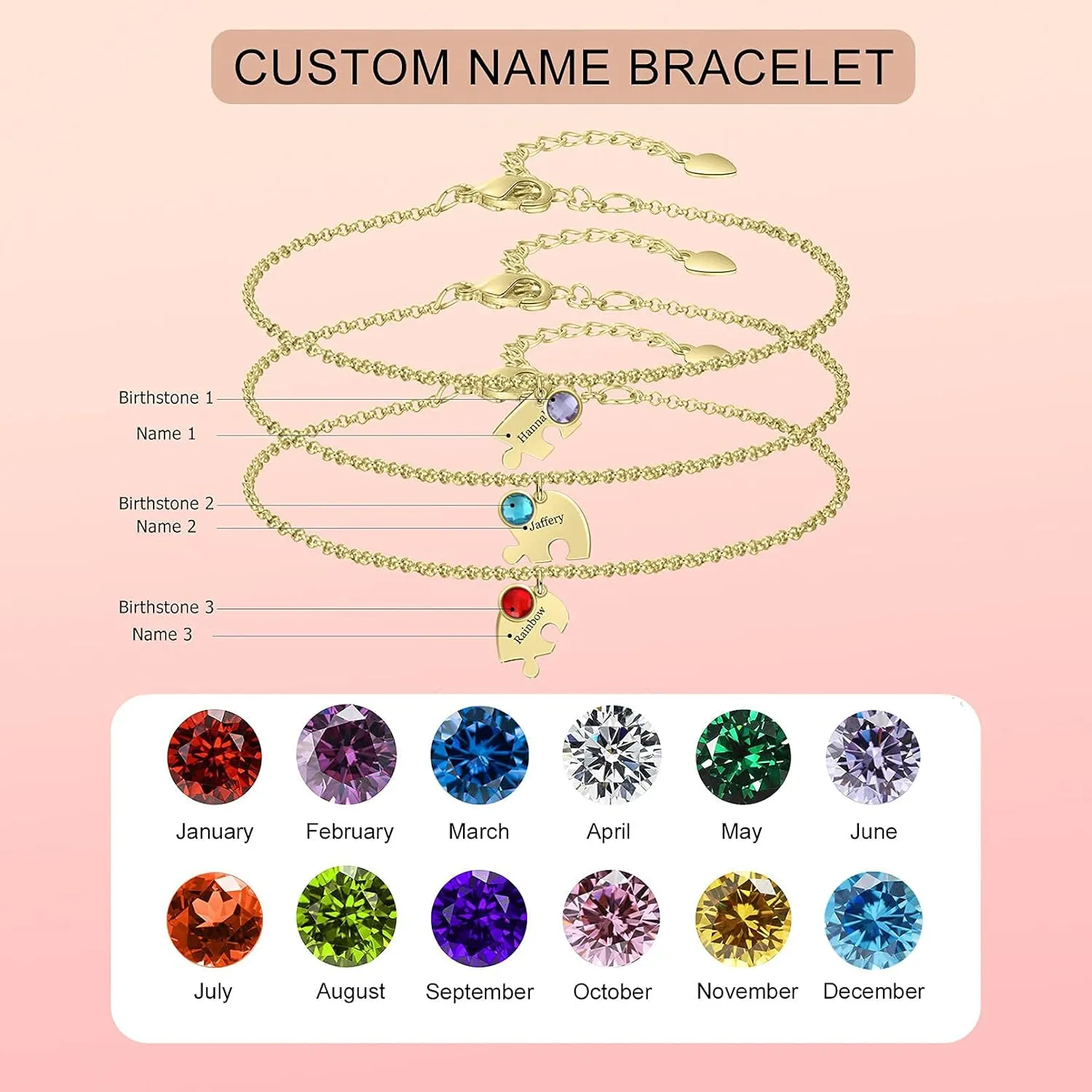 MissNaNa 7.8" BFF Bracelets for 2/3/4/5/6 Personalized Friendship Bracelets with Birthstone Family Love/Friendship Jewelry Set Free Engraving Heart Pendants