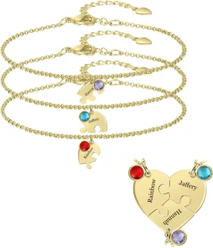 MissNaNa 7.8" BFF Bracelets for 2/3/4/5/6 Personalized Friendship Bracelets with Birthstone Family Love/Friendship Jewelry Set Free Engraving Heart Pendants
