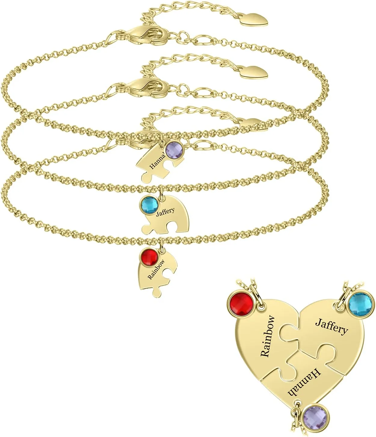 MissNaNa 7.8" BFF Bracelets for 2/3/4/5/6 Personalized Friendship Bracelets with Birthstone Family Love/Friendship Jewelry Set Free Engraving Heart Pendants