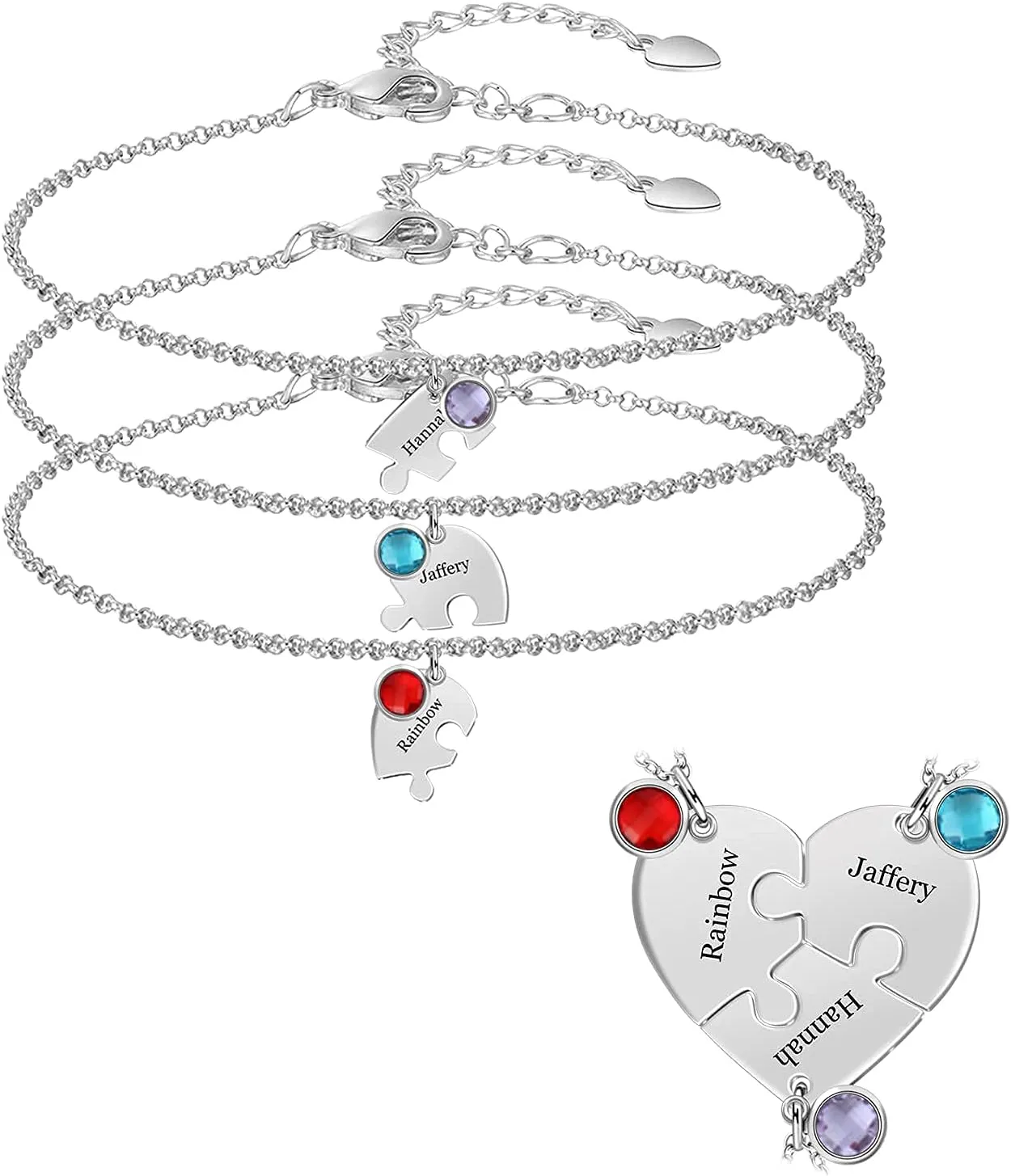 MissNaNa 7.8" BFF Bracelets for 2/3/4/5/6 Personalized Friendship Bracelets with Birthstone Family Love/Friendship Jewelry Set Free Engraving Heart Pendants