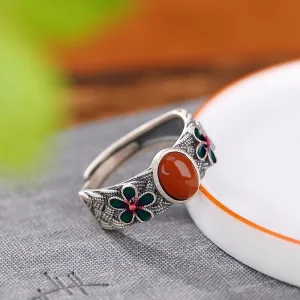 Mnyixsi Southern Red Agate Ring, Palace Style 925 Sterling Silver Plated 18k Gold Lucky Ring, Vintage Plum Blossom Adjustable Rings Charming Red Stone Ring