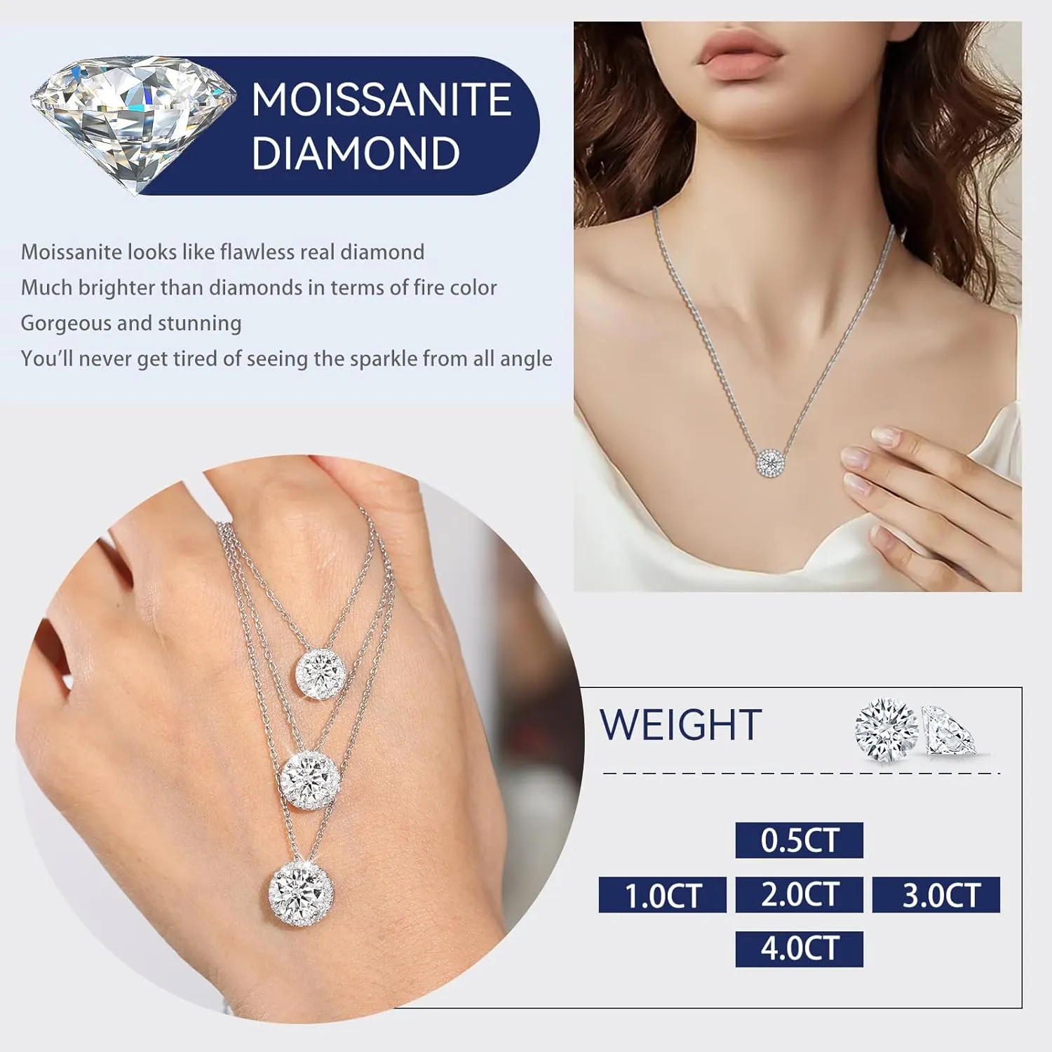 Moissanite Necklace Halo Pendant for Women 0.5CT-4.0CT 18K White/Yellow Gold Plated Sterling Silver Dainty Anniversary Day Present for Her Wife Mother 18 2 inches Lab Created Dimaond Jewelry with GRA Certificate of Authenticity