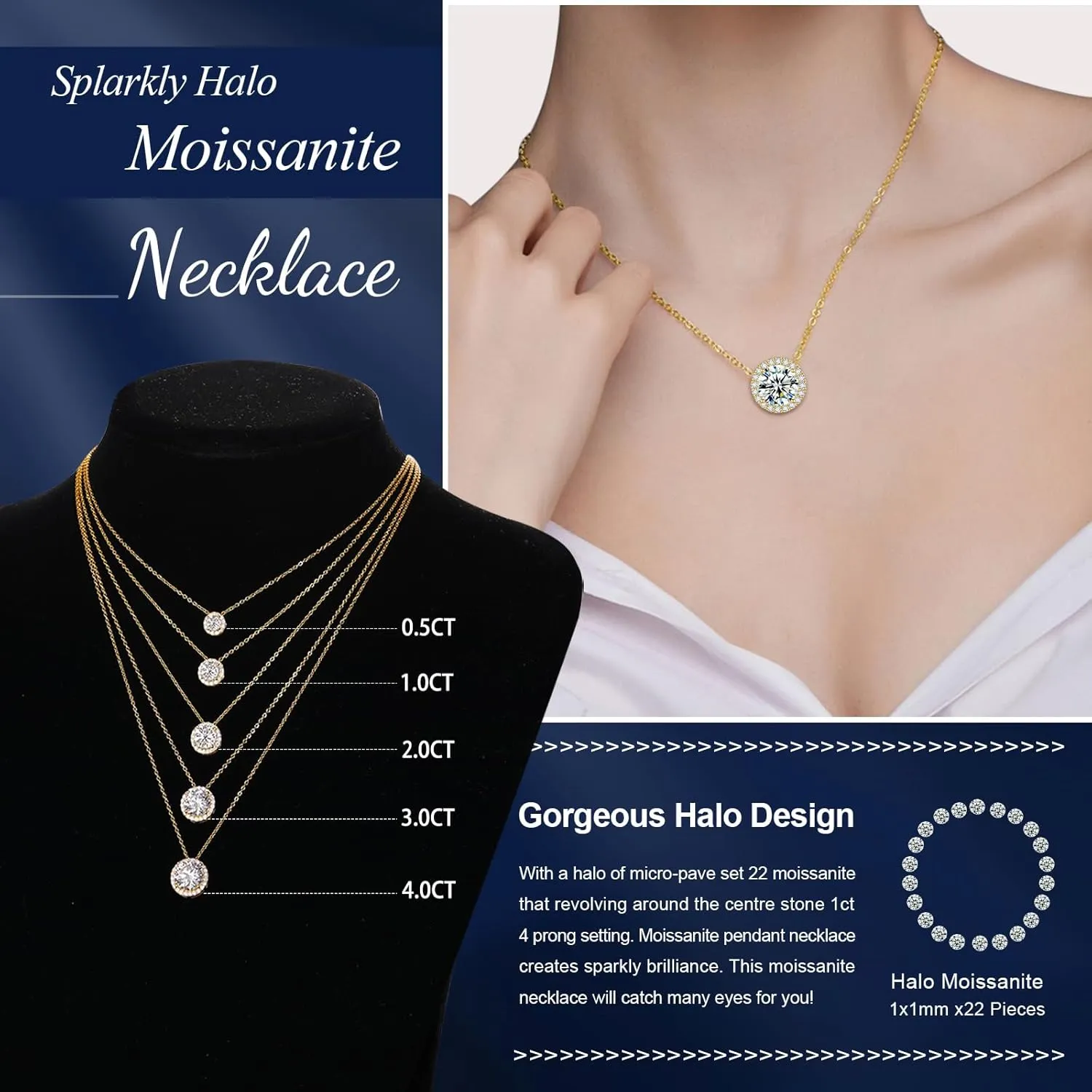 Moissanite Necklace Halo Pendant for Women 0.5CT-4.0CT 18K White/Yellow Gold Plated Sterling Silver Dainty Anniversary Day Present for Her Wife Mother 18 2 inches Lab Created Dimaond Jewelry with GRA Certificate of Authenticity