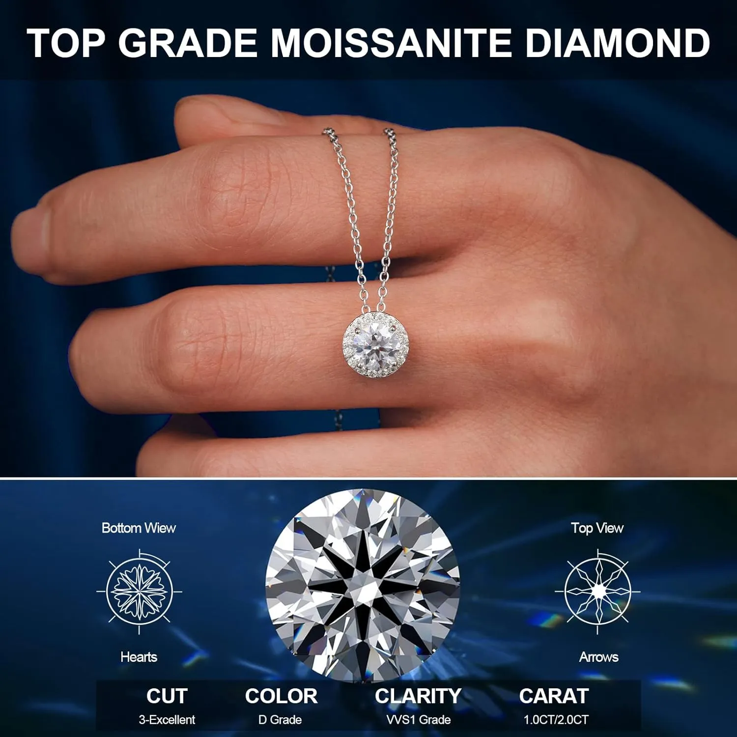 Moissanite Necklace Halo Pendant for Women 0.5CT-4.0CT 18K White/Yellow Gold Plated Sterling Silver Dainty Anniversary Day Present for Her Wife Mother 18 2 inches Lab Created Dimaond Jewelry with GRA Certificate of Authenticity