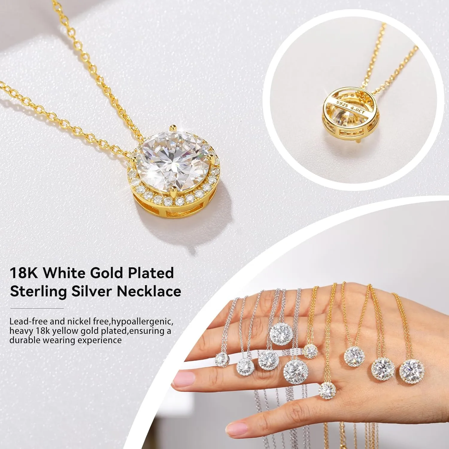 Moissanite Necklace Halo Pendant for Women 0.5CT-4.0CT 18K White/Yellow Gold Plated Sterling Silver Dainty Anniversary Day Present for Her Wife Mother 18 2 inches Lab Created Dimaond Jewelry with GRA Certificate of Authenticity