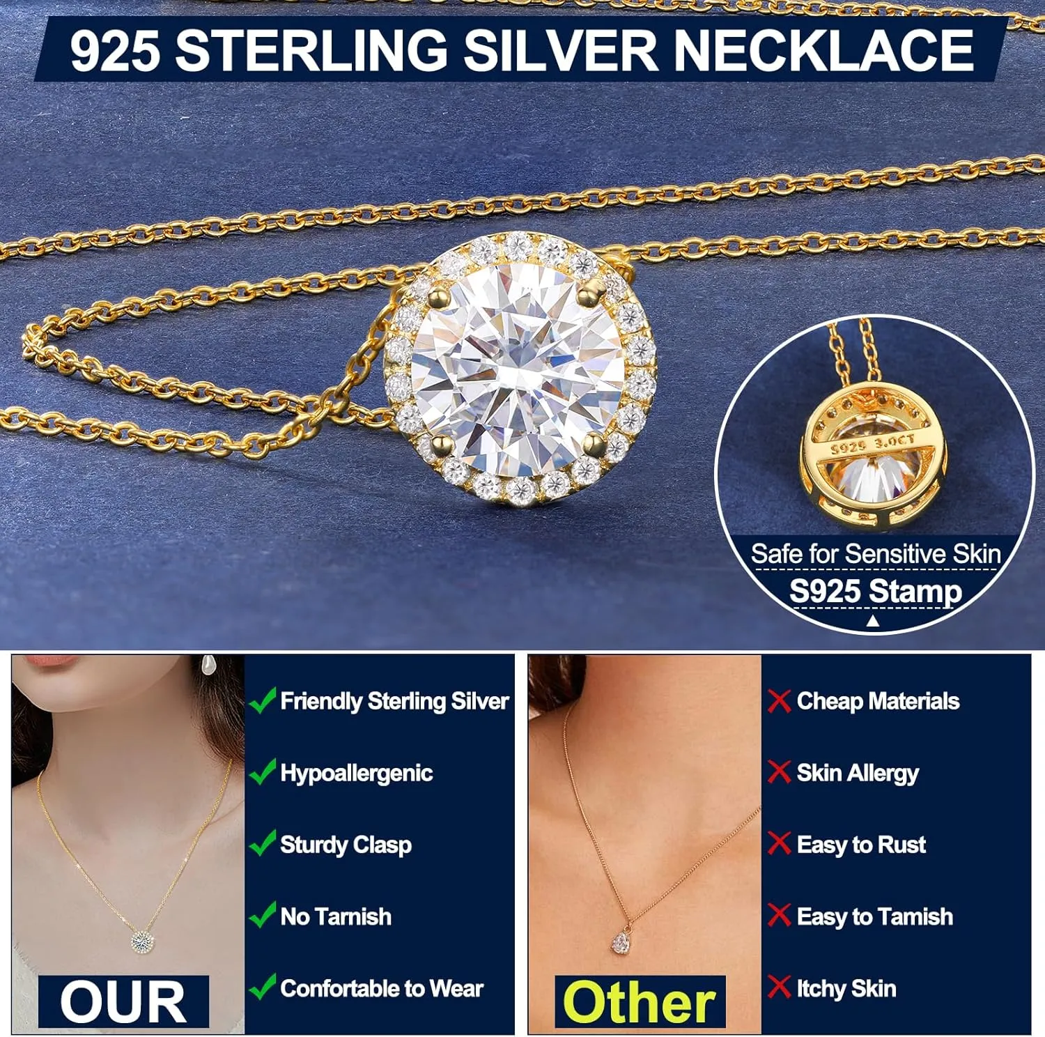 Moissanite Necklace Halo Pendant for Women 0.5CT-4.0CT 18K White/Yellow Gold Plated Sterling Silver Dainty Anniversary Day Present for Her Wife Mother 18 2 inches Lab Created Dimaond Jewelry with GRA Certificate of Authenticity