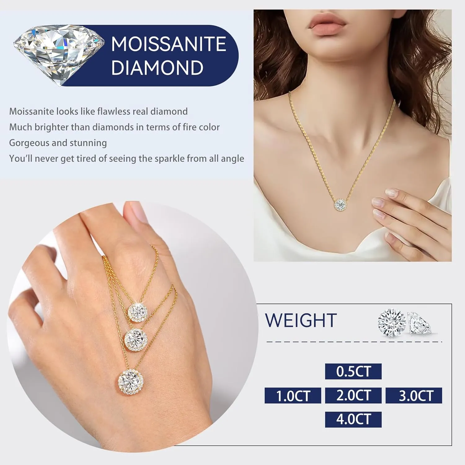 Moissanite Necklace Halo Pendant for Women 0.5CT-4.0CT 18K White/Yellow Gold Plated Sterling Silver Dainty Anniversary Day Present for Her Wife Mother 18 2 inches Lab Created Dimaond Jewelry with GRA Certificate of Authenticity