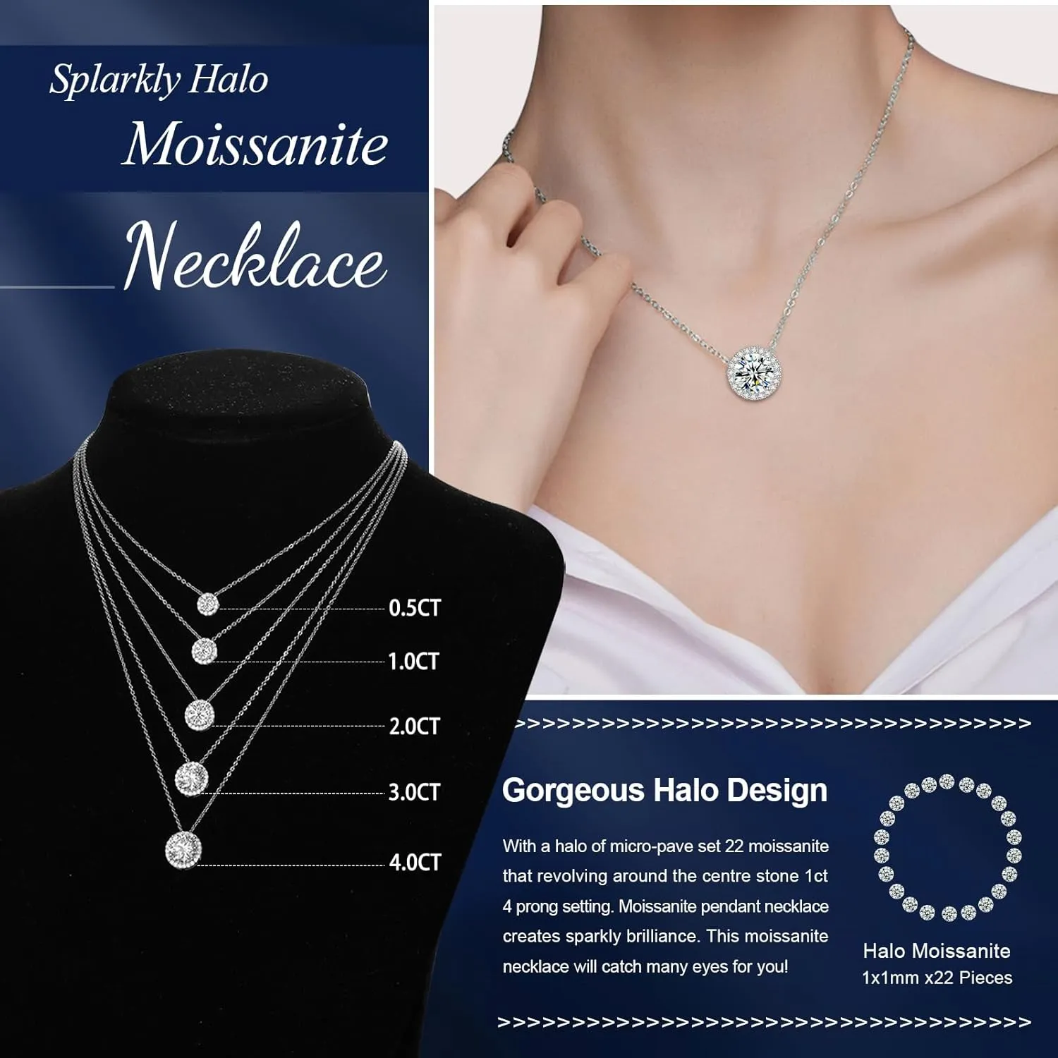 Moissanite Necklace Halo Pendant for Women 0.5CT-4.0CT 18K White/Yellow Gold Plated Sterling Silver Dainty Anniversary Day Present for Her Wife Mother 18 2 inches Lab Created Dimaond Jewelry with GRA Certificate of Authenticity