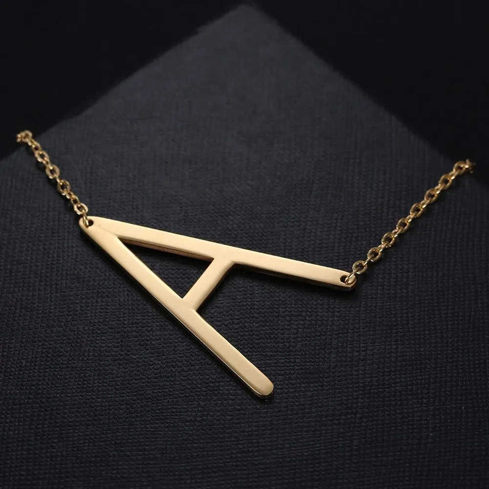 MOMOL Sideways Initial Necklace 18K Gold Plated Stainless Steel Large Big Letters Pendant Necklace Script Name Monogram Necklaces for Women