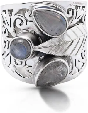 Moonstone 3 Stones - 925 Sterling Silver Ring - BOHO Chic Jewelry - Fashionable and Stylish for Women with Velvet Gift Bag/Box - Made by Indian Artisans - Size 6-9