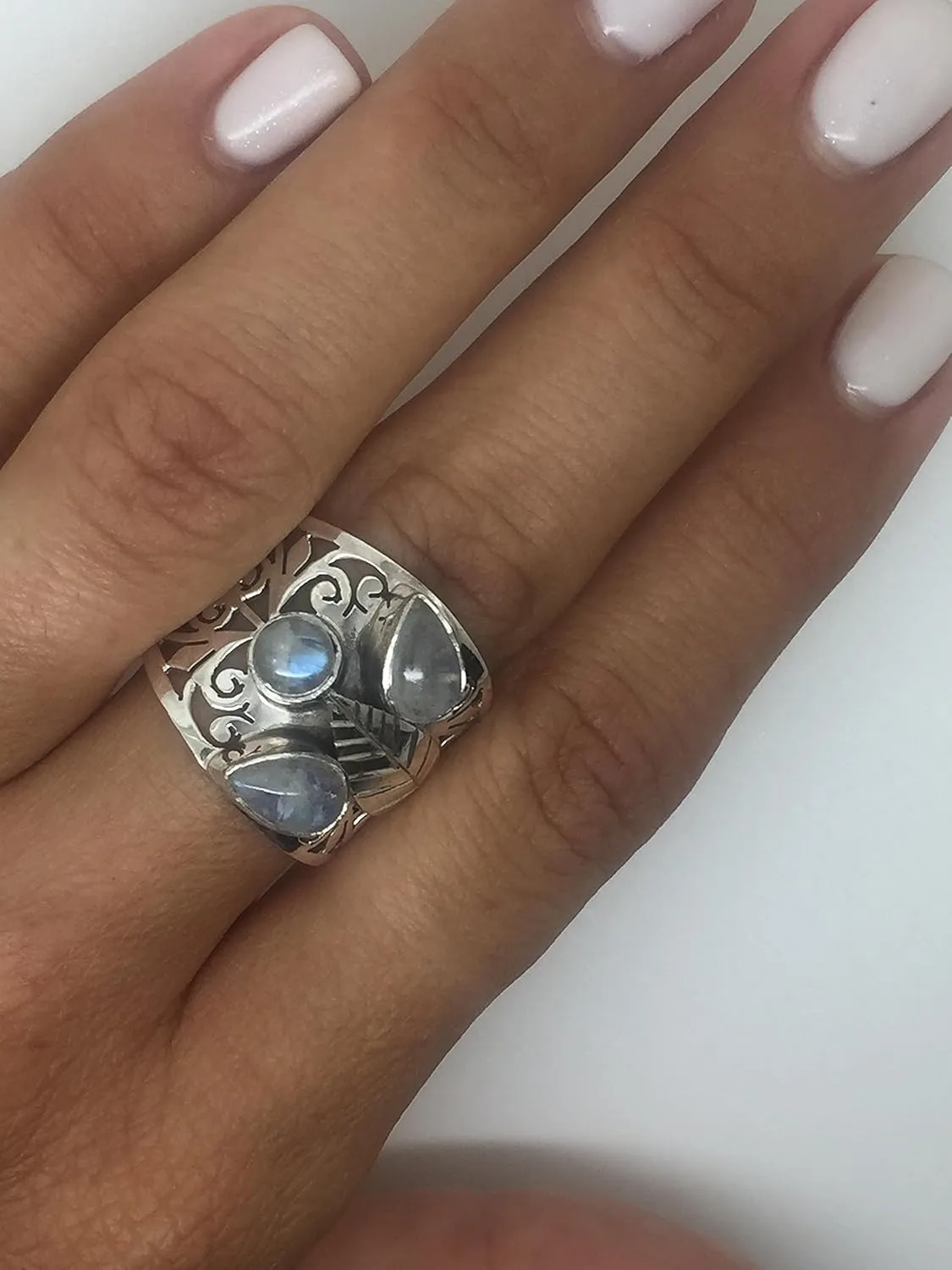 Moonstone 3 Stones - 925 Sterling Silver Ring - BOHO Chic Jewelry - Fashionable and Stylish for Women with Velvet Gift Bag/Box - Made by Indian Artisans - Size 6-9