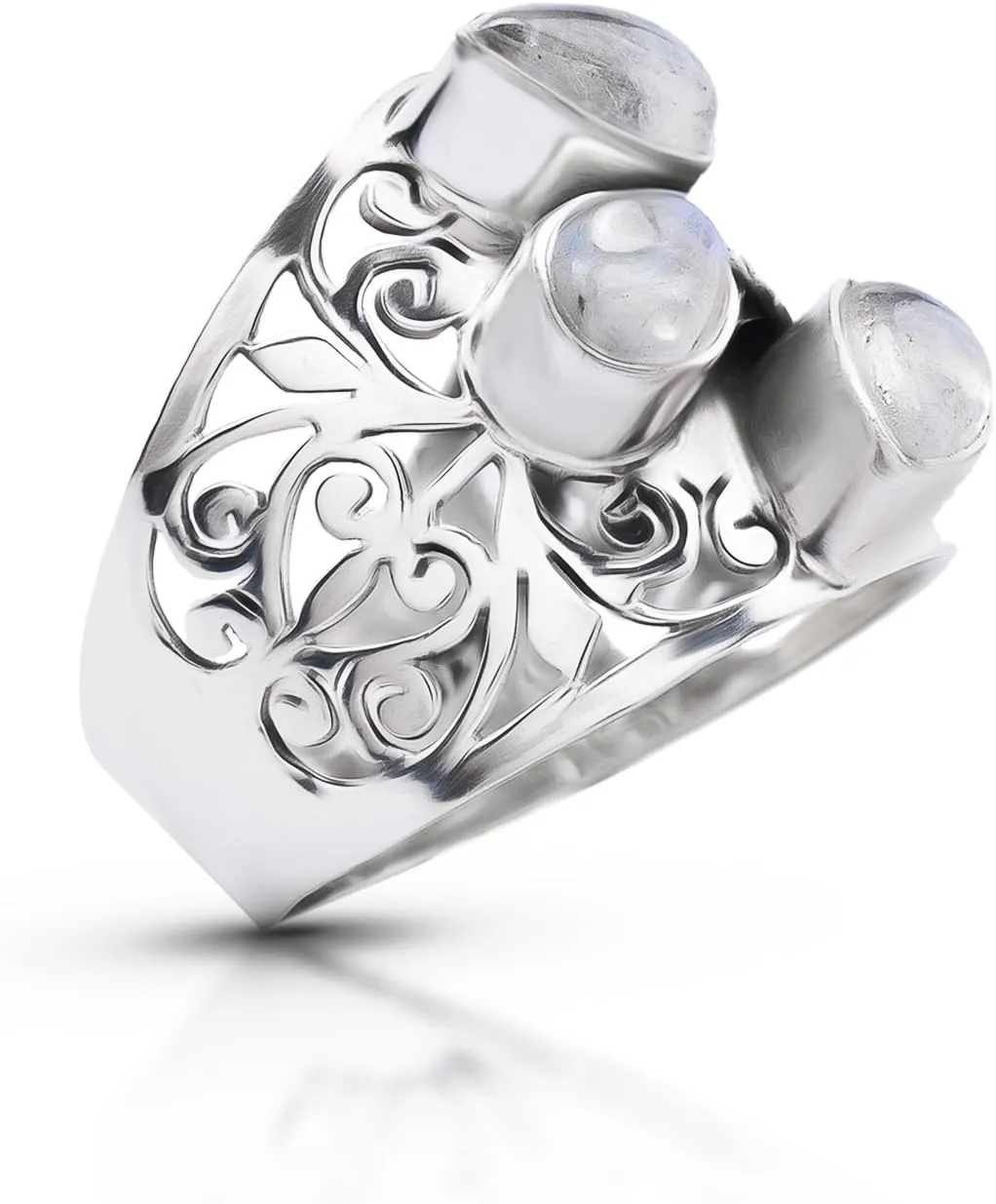 Moonstone 3 Stones - 925 Sterling Silver Ring - BOHO Chic Jewelry - Fashionable and Stylish for Women with Velvet Gift Bag/Box - Made by Indian Artisans - Size 6-9