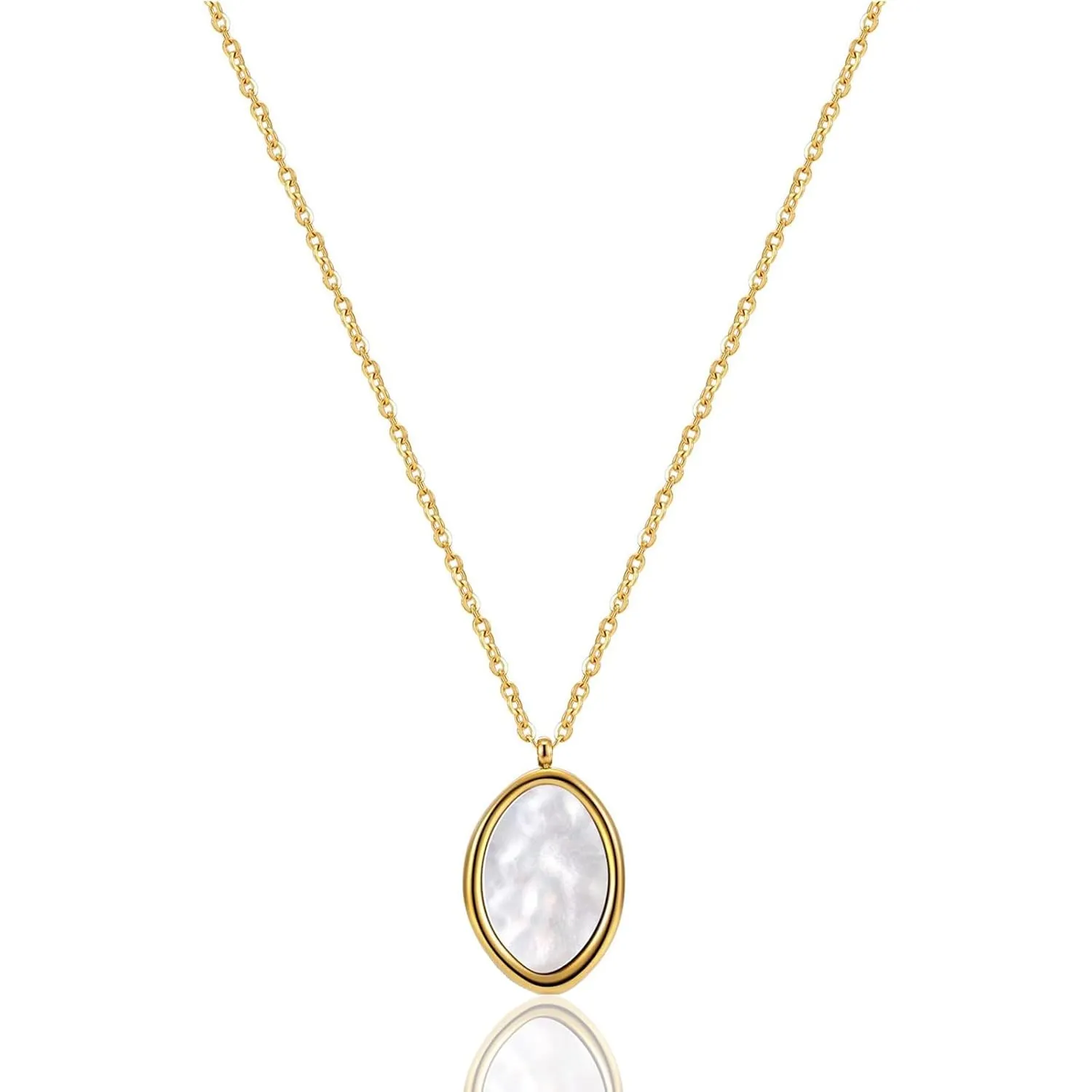 Mother of Pearl Necklace for Women Gold Dainty Oval Mother of Pearl Pendant Necklace for Women Girls, 18K Gold Plated, Adjustable, Handmade Necklaces