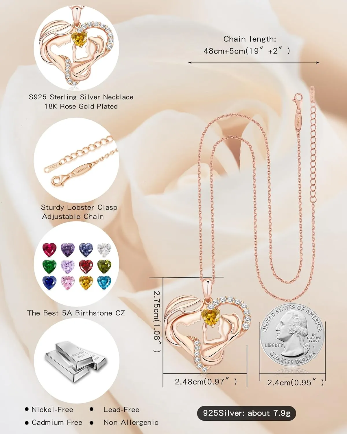 Mothers Day Gifts for Mom - Rose Heart Necklaces for Women, 925 Sterling Silver Birthstone Jewelry to My Wife Necklace, Birthday Gifts for Mother Grandma Girlfriend Her