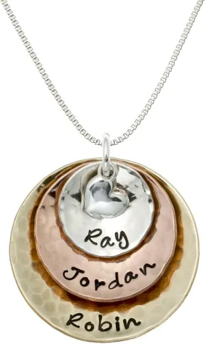 My Three Treasures Personalized Charm Necklace with 925 silver, Gold and Rose Gold Plated discs. Customized with any Words or Names of your choice. Gifts for Her, Mother, Grandmother, Wife