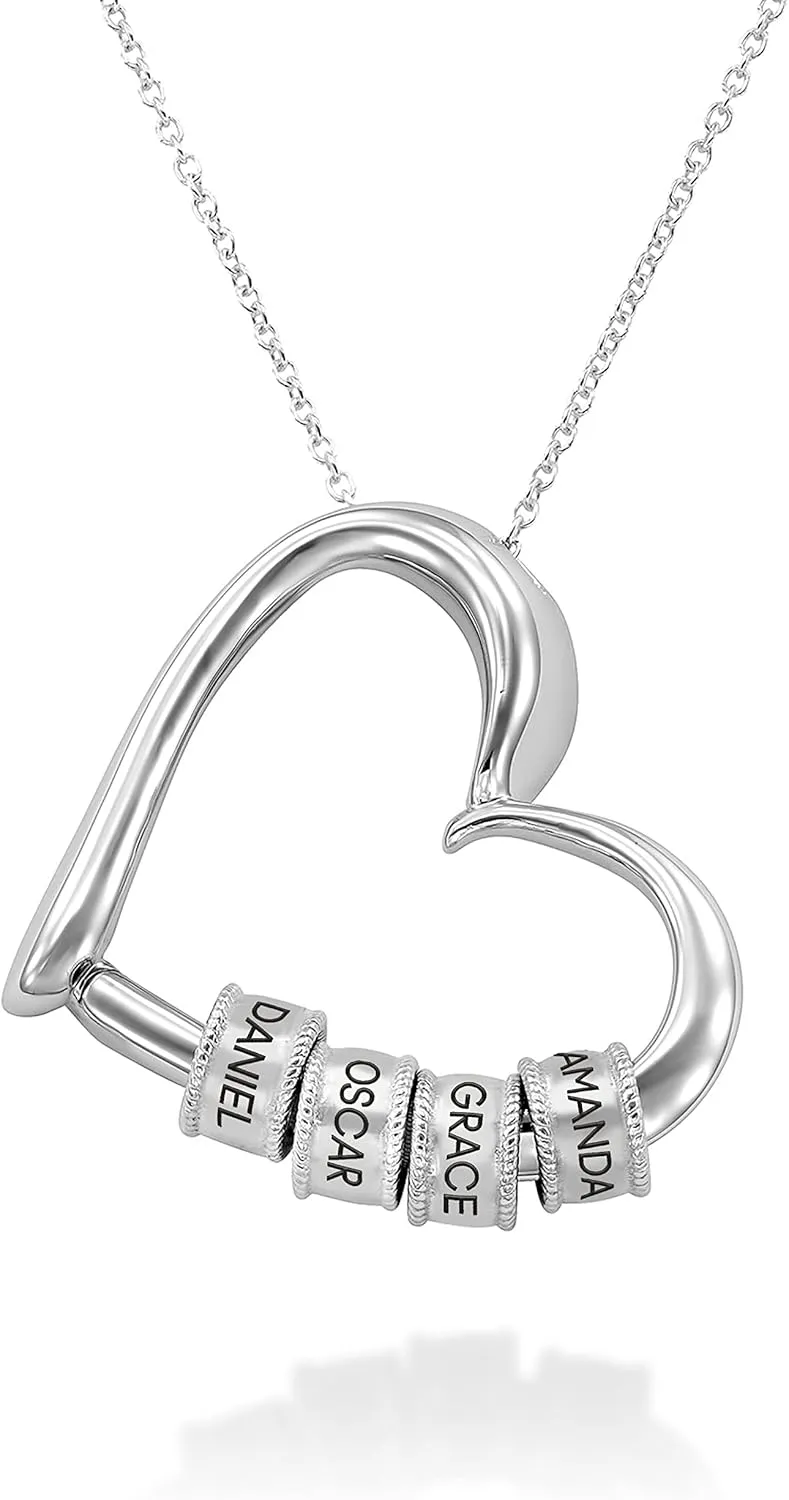 MYKA Personalized Charming Heart Necklace with Engraved Beads - Diamond Options - Custom Jewelry for Her, Women - Dainty Gift for Mother's Day, Christmas