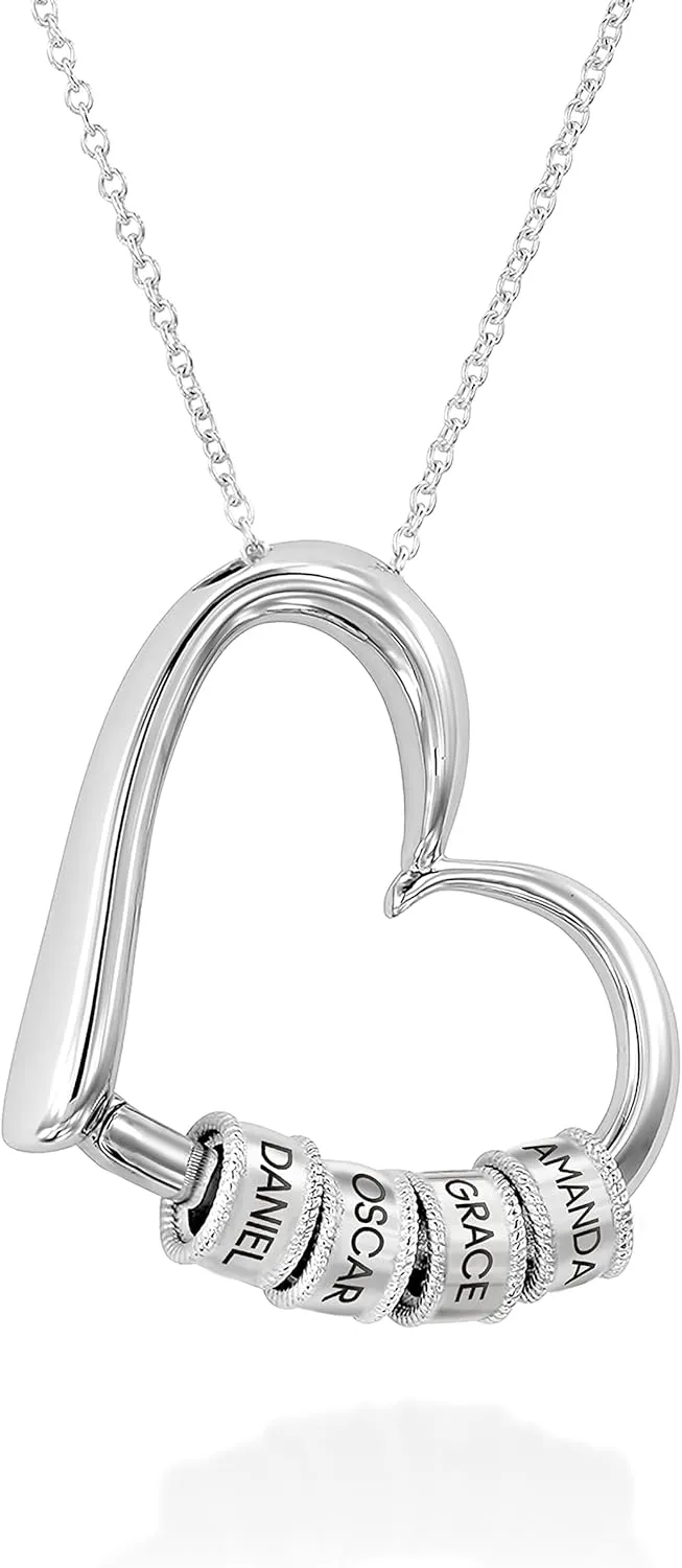 MYKA Personalized Charming Heart Necklace with Engraved Beads - Diamond Options - Custom Jewelry for Her, Women - Dainty Gift for Mother's Day, Christmas