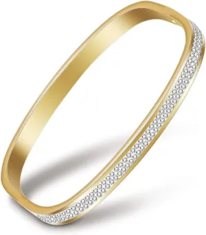 MYNENEY Gold/Silver Womens Link Bracelets Stainless Steel Pave Cubic Zironia Simulate Diamond Stackable Oval Hinged Bangle Bracelet 6-9Inch