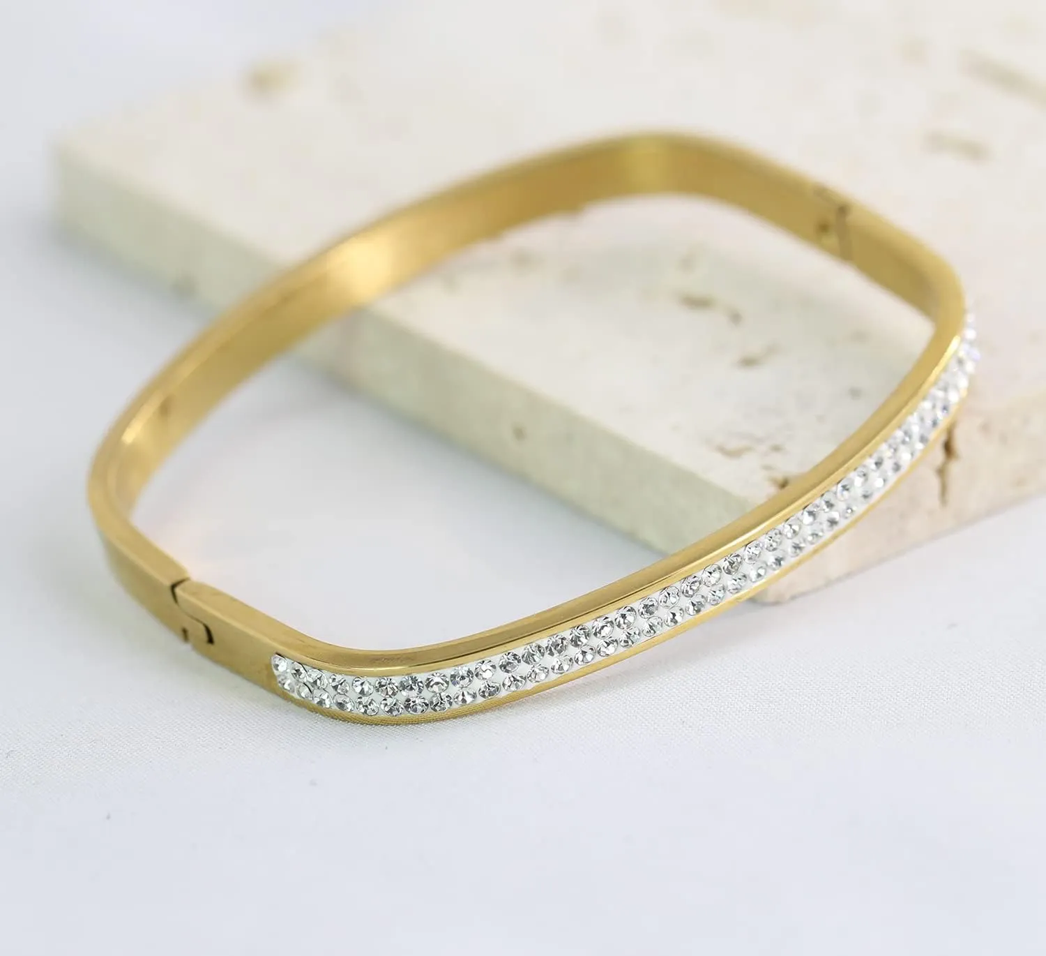 MYNENEY Gold/Silver Womens Link Bracelets Stainless Steel Pave Cubic Zironia Simulate Diamond Stackable Oval Hinged Bangle Bracelet 6-9Inch