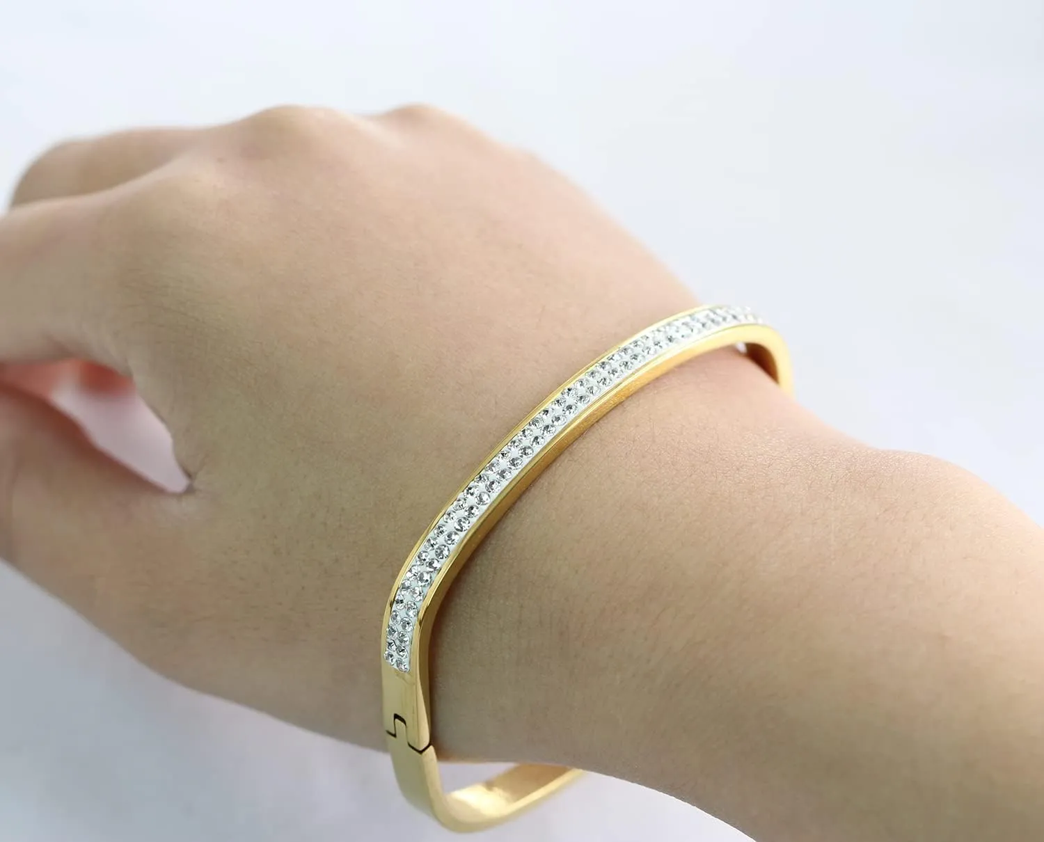 MYNENEY Gold/Silver Womens Link Bracelets Stainless Steel Pave Cubic Zironia Simulate Diamond Stackable Oval Hinged Bangle Bracelet 6-9Inch