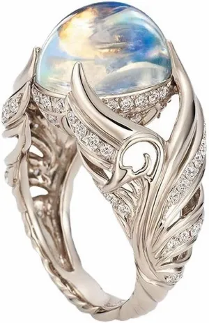 Natural Moonstone Ring for Women 925 Sterling Silver Ring Angel Wings Wedding Band Charming Diamond Engagement Promise Rings Size 6-10