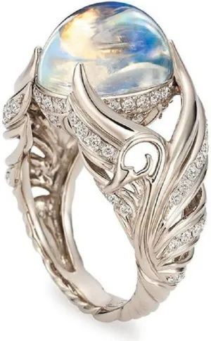 Natural Moonstone Ring for Women 925 Sterling Silver Ring Angel Wings Wedding Band Charming Diamond Engagement Promise Rings Size 6-10
