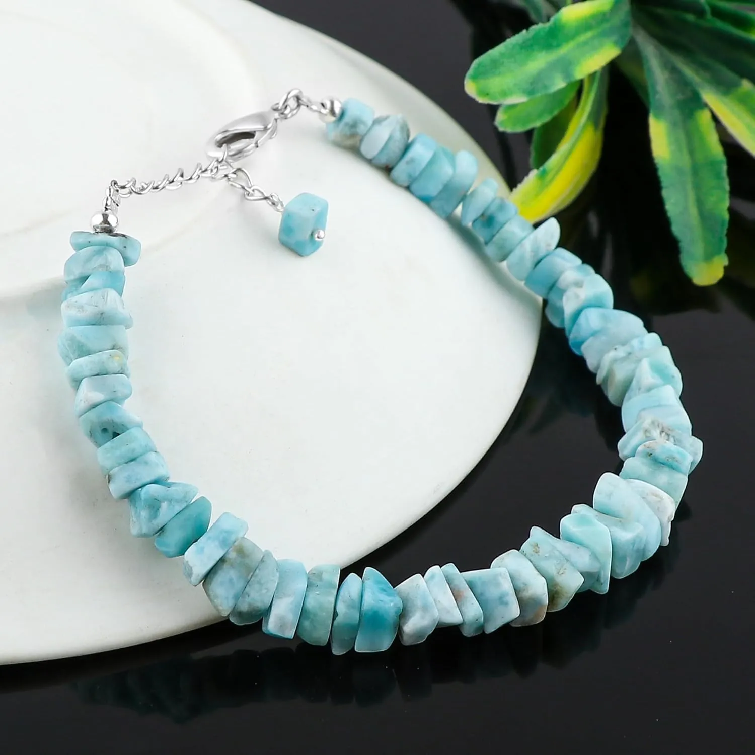 Natural Raw Larimar Gemstones Bracelets, Dolphin Rough Stones, Handmade, Larimar Jewelry, Chakra Healing Crystals, Protection, Birthstone, Silver Plated, 8inch, Christmas Gift