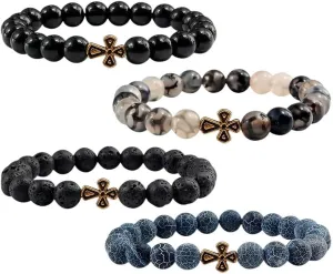 New 2026 Unisex Trendy Black Volcanic Lava Beads Men Bracelet Gold Color Cross Natural Stone Bracelets Women Meditation Prayer Bangles Jewelry Fashion Accessories Creative Gift For Women And Men