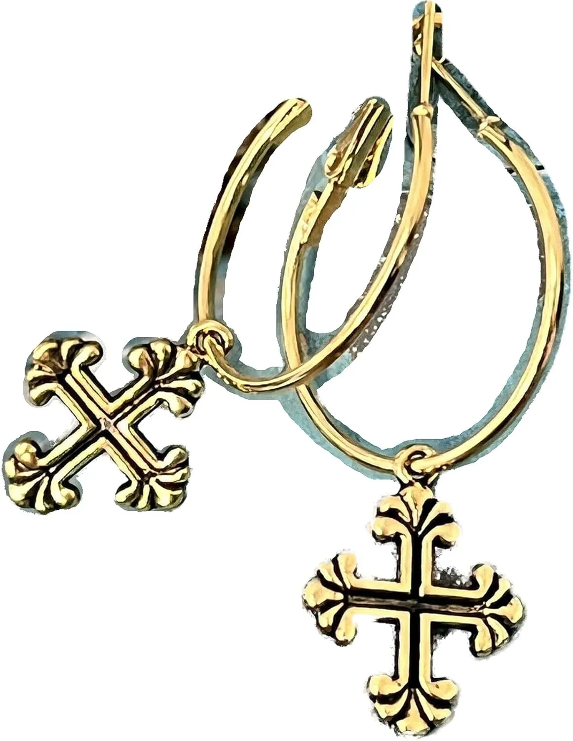 New Beautiful Gold Color Fleur de Lis Cross Dangle Hoop Earrings Faith Love Elegant Cute Unique Stunning Pretty jewerly perfect for any occasion KATL0A02492