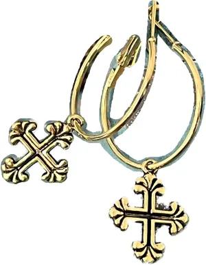 New Beautiful Gold Color Fleur de Lis Cross Dangle Hoop Earrings Faith Love Elegant Cute Unique Stunning Pretty jewerly perfect for any occasion KATL0A02492