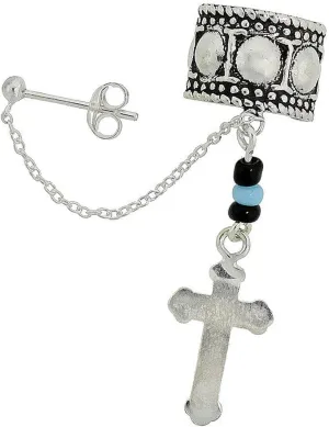 New Sterling Silver Cross Ear Cuff Earring with Chain & Ball Stud (One piece) Elegant Cute Unique Stunning Style Pretty jewerly perfect for any occasion SURR-R01213
