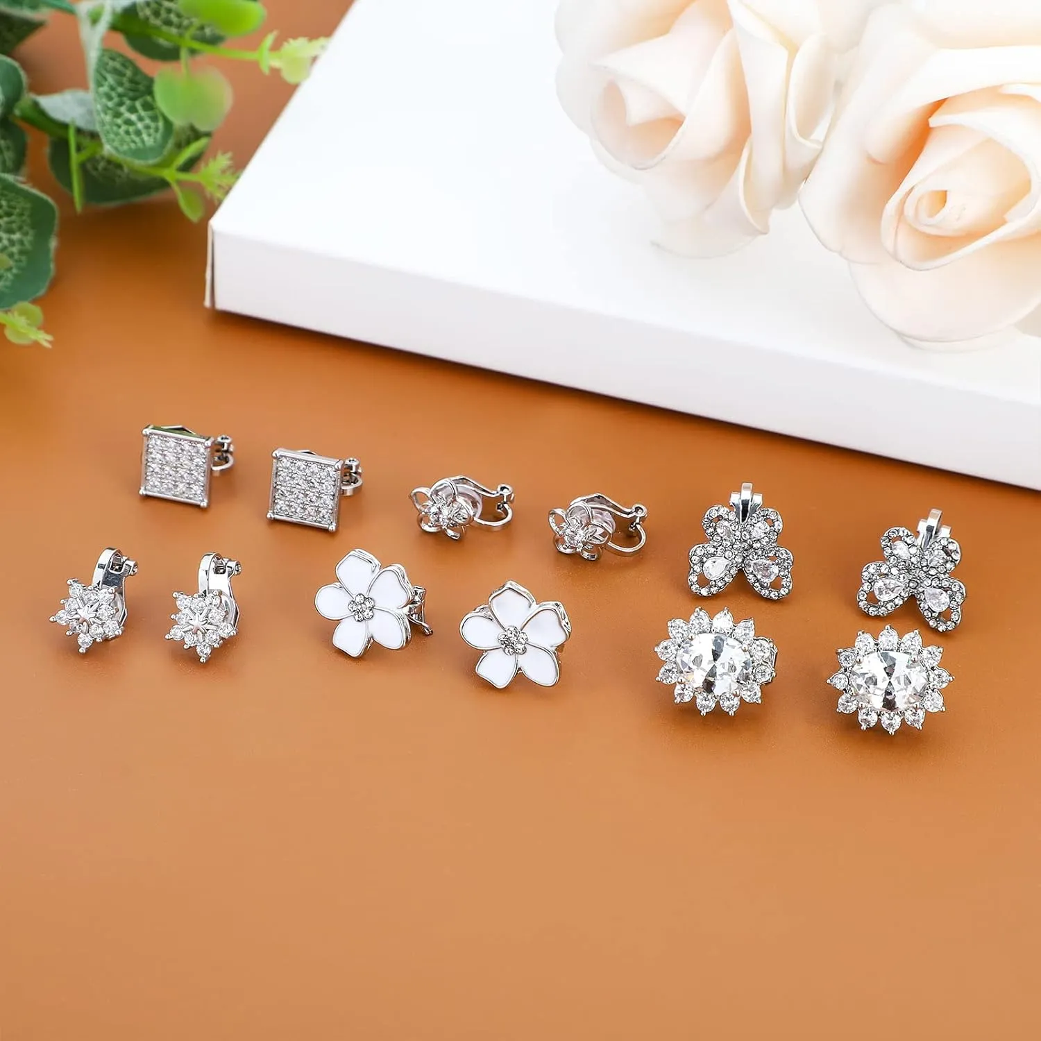 NEWITIN 12 Pairs Clip On Earrings for Women Cute Earring Crystal Pearl Stud Charming Fashion Earring Non Piercing Clip on Stud Earrings for Women