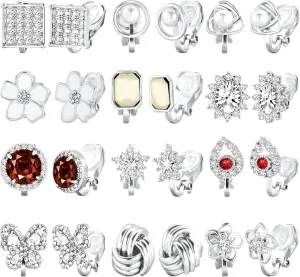 NEWITIN 12 Pairs Clip On Earrings for Women Cute Earring Crystal Pearl Stud Charming Fashion Earring Non Piercing Clip on Stud Earrings for Women