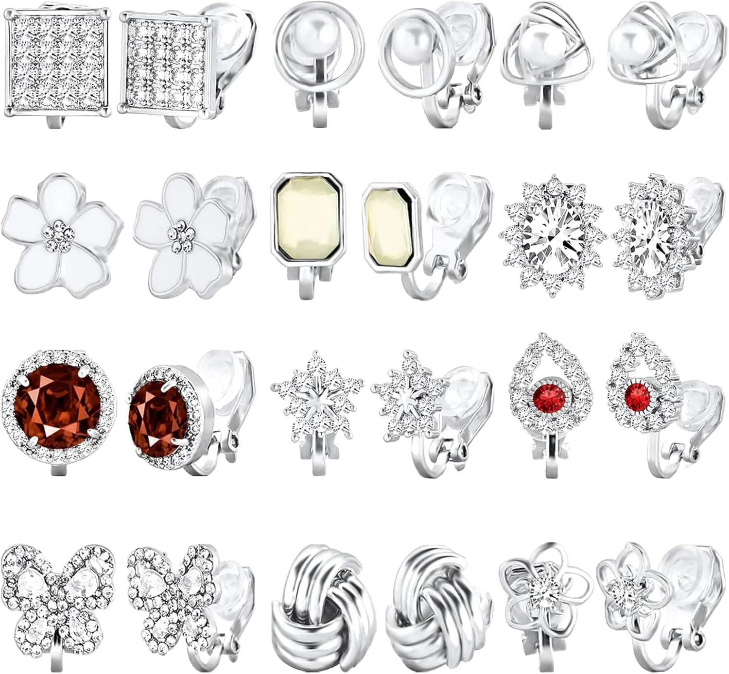 NEWITIN 12 Pairs Clip On Earrings for Women Cute Earring Crystal Pearl Stud Charming Fashion Earring Non Piercing Clip on Stud Earrings for Women