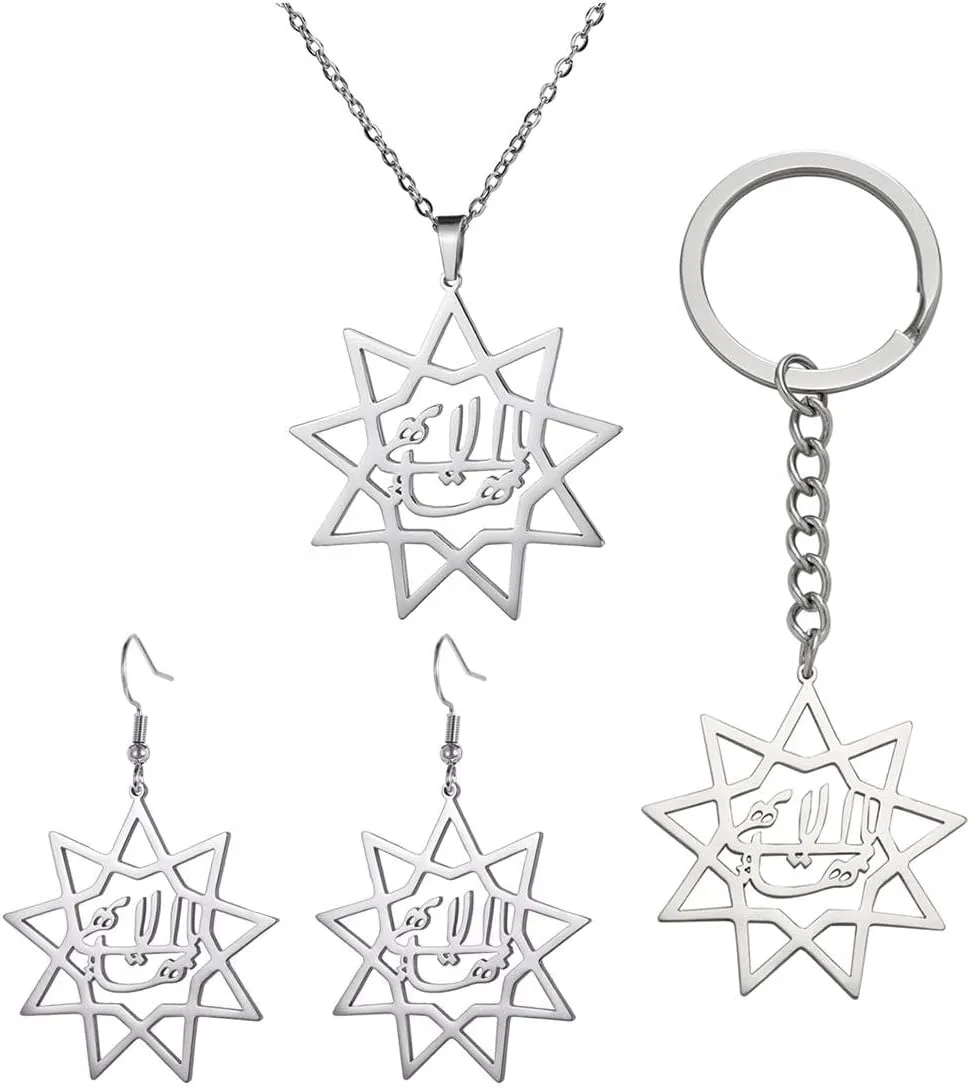 Nine Point Bahai Bahaism Star Necklace Earring Keyring Suit Persian Calligraphy Farsi Parsi Pendant Jewelry Gift Set