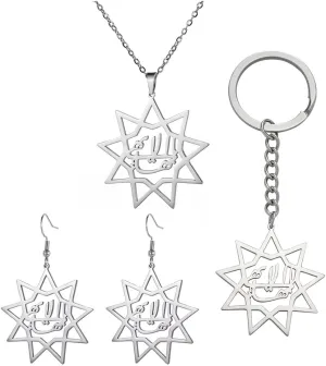 Nine Point Bahai Bahaism Star Necklace Earring Keyring Suit Persian Calligraphy Farsi Parsi Pendant Jewelry Gift Set