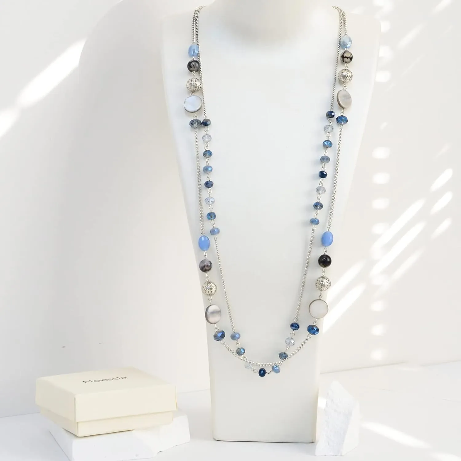 Noessla Layered Long Necklaces for Women Crystal Beaded Statement Necklace Sweater Silver Chain with Gifts Box Jewelry