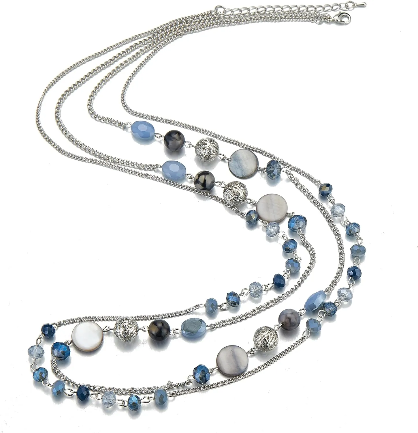 Noessla Layered Long Necklaces for Women Crystal Beaded Statement Necklace Sweater Silver Chain with Gifts Box Jewelry