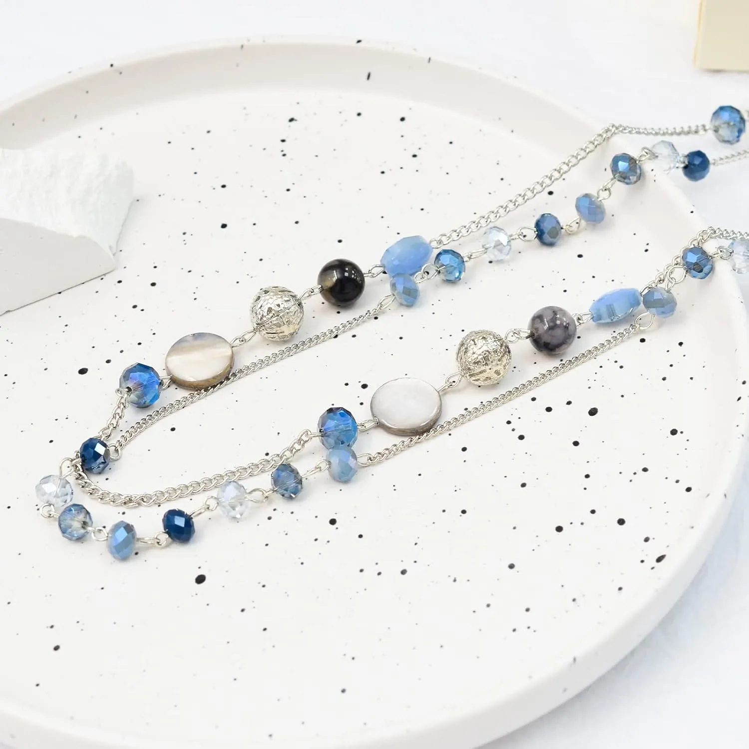 Noessla Layered Long Necklaces for Women Crystal Beaded Statement Necklace Sweater Silver Chain with Gifts Box Jewelry