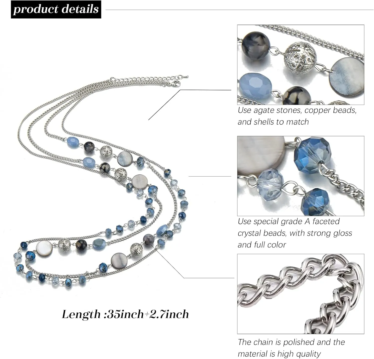 Noessla Layered Long Necklaces for Women Crystal Beaded Statement Necklace Sweater Silver Chain with Gifts Box Jewelry