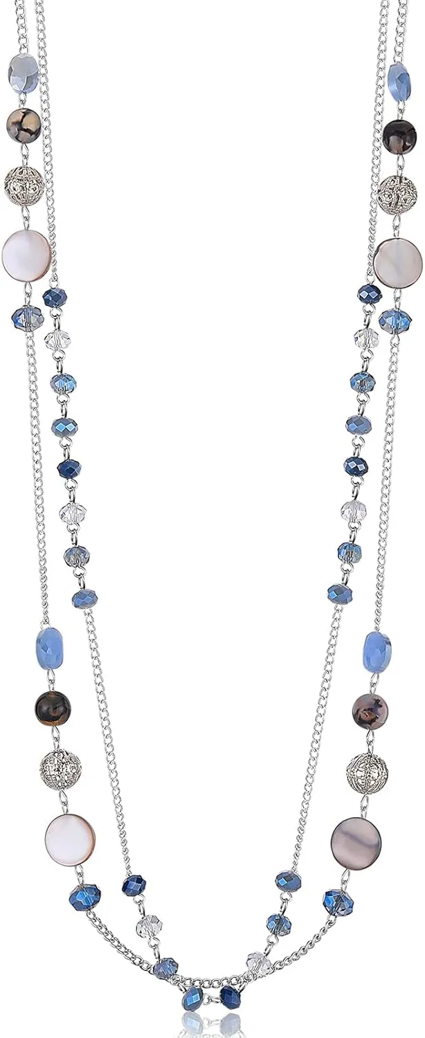 Noessla Layered Long Necklaces for Women Crystal Beaded Statement Necklace Sweater Silver Chain with Gifts Box Jewelry