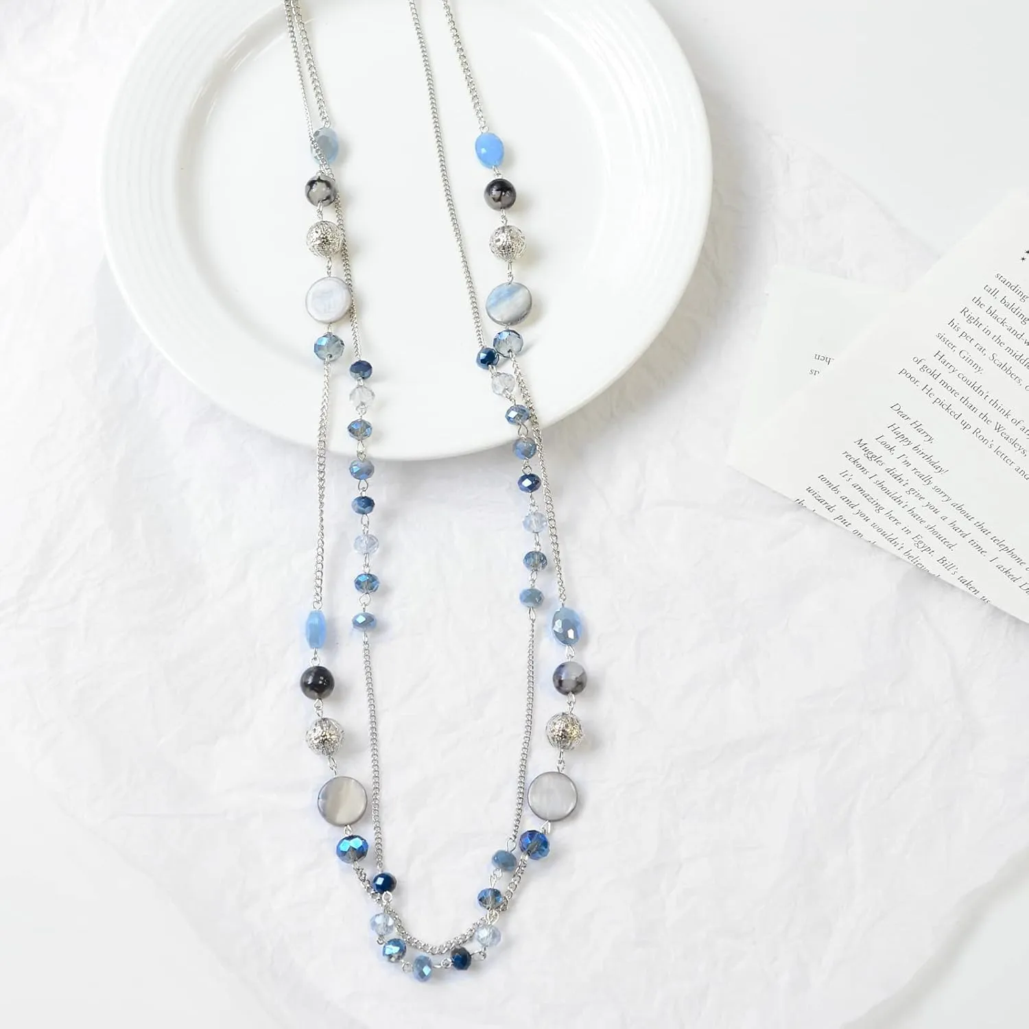 Noessla Layered Long Necklaces for Women Crystal Beaded Statement Necklace Sweater Silver Chain with Gifts Box Jewelry