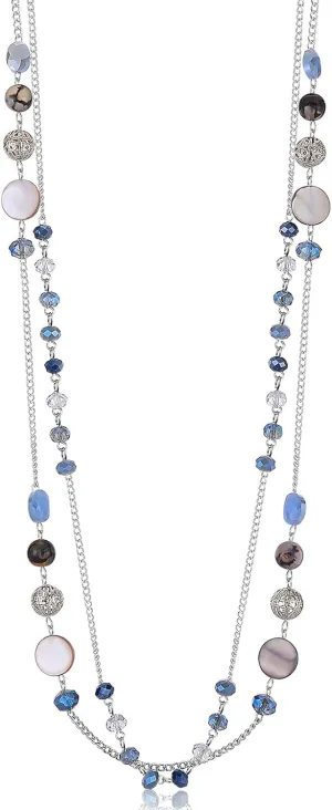 Noessla Layered Long Necklaces for Women Crystal Beaded Statement Necklace Sweater Silver Chain with Gifts Box Jewelry