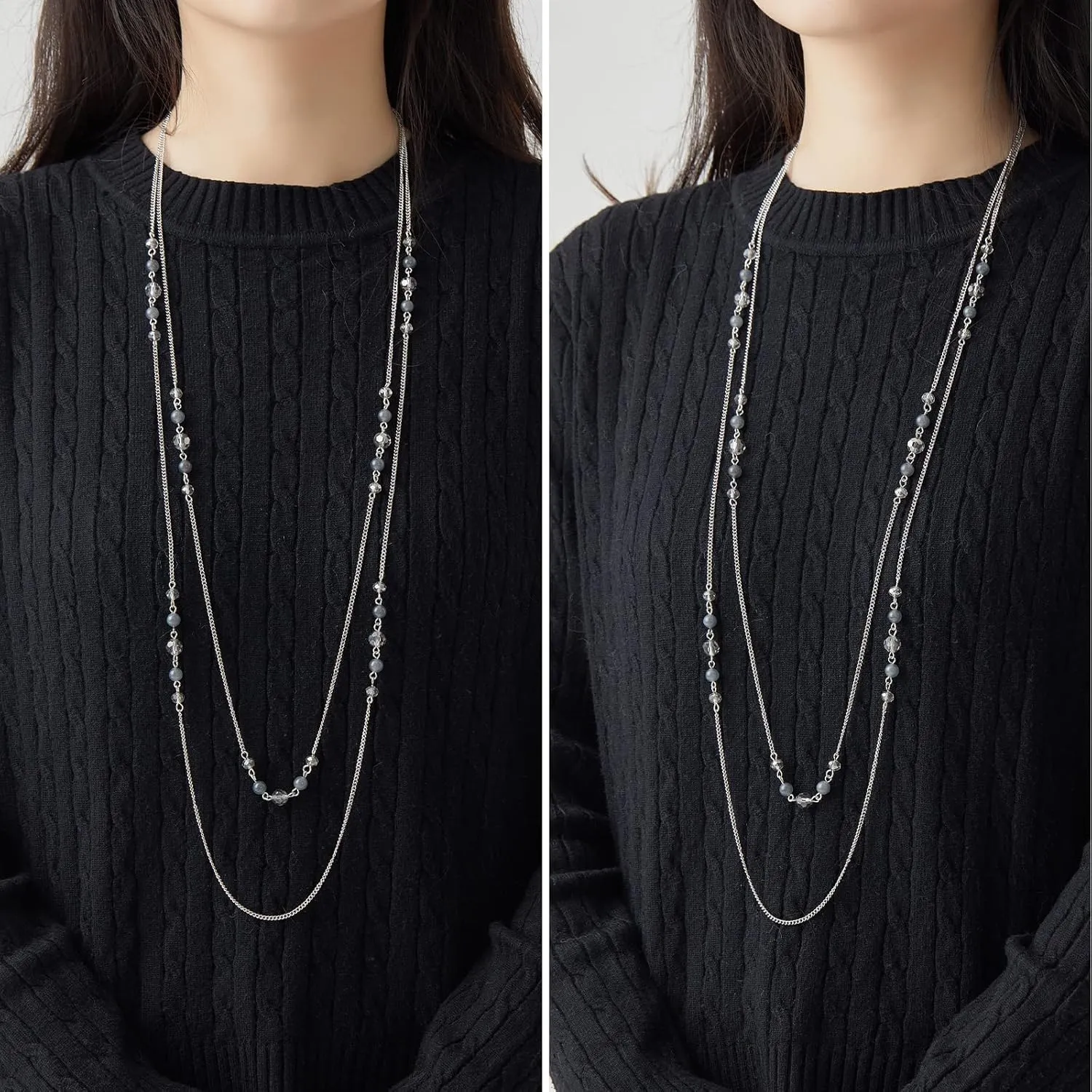 Noessla Long Silver Necklace for Women Bohemian Layered Statement Costume Long Necklaces for Women Fashion Jewelry Mothers Day Gifts