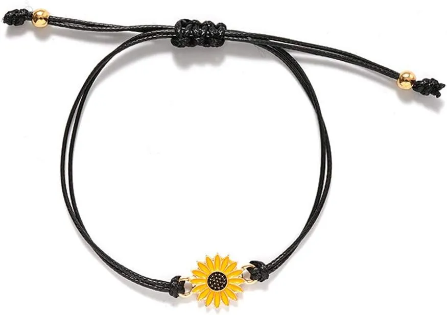 N/Q 2 Pcs Bohemian Waterproof String Sunflower Flower Daisy Matching Anklet Bracelets for Women Mens Couples Adjustable Wax Thread Plant Bracelets Best Friend Friendship Jewelry