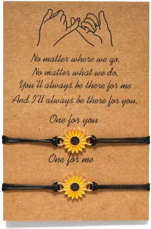N/Q 2 Pcs Bohemian Waterproof String Sunflower Flower Daisy Matching Anklet Bracelets for Women Mens Couples Adjustable Wax Thread Plant Bracelets Best Friend Friendship Jewelry