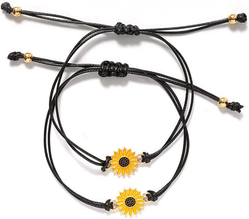 N/Q 2 Pcs Bohemian Waterproof String Sunflower Flower Daisy Matching Anklet Bracelets for Women Mens Couples Adjustable Wax Thread Plant Bracelets Best Friend Friendship Jewelry